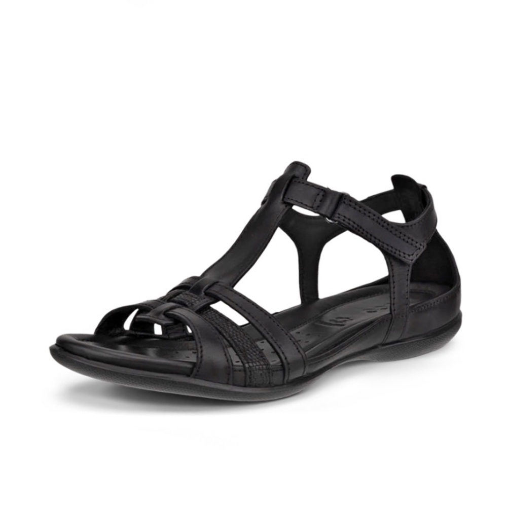 ECCO Flash T-Strap Black Leather Sandals-Snake Print-Women's Size 41/10-10.5
